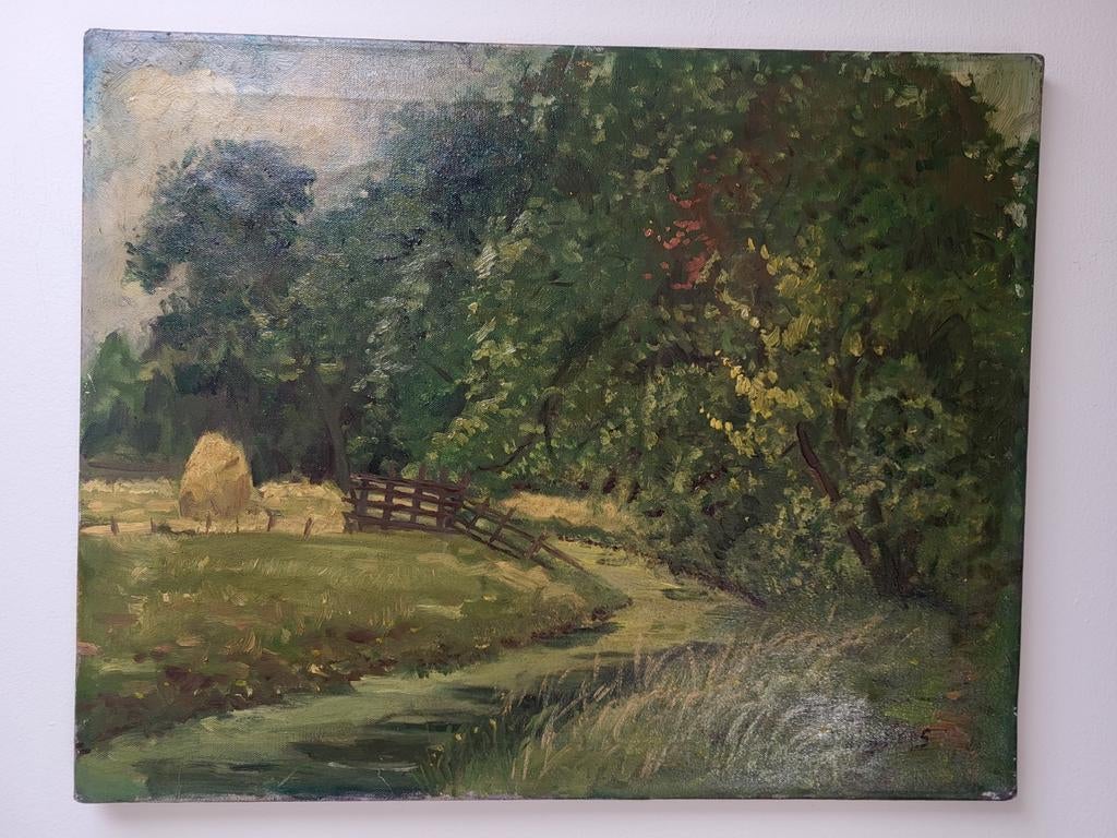 Olieverfschilderij J. van den Bers - Landschap met hooiberg, Antiek en Kunst, Kunst | Schilderijen | Klassiek, Ophalen of Verzenden