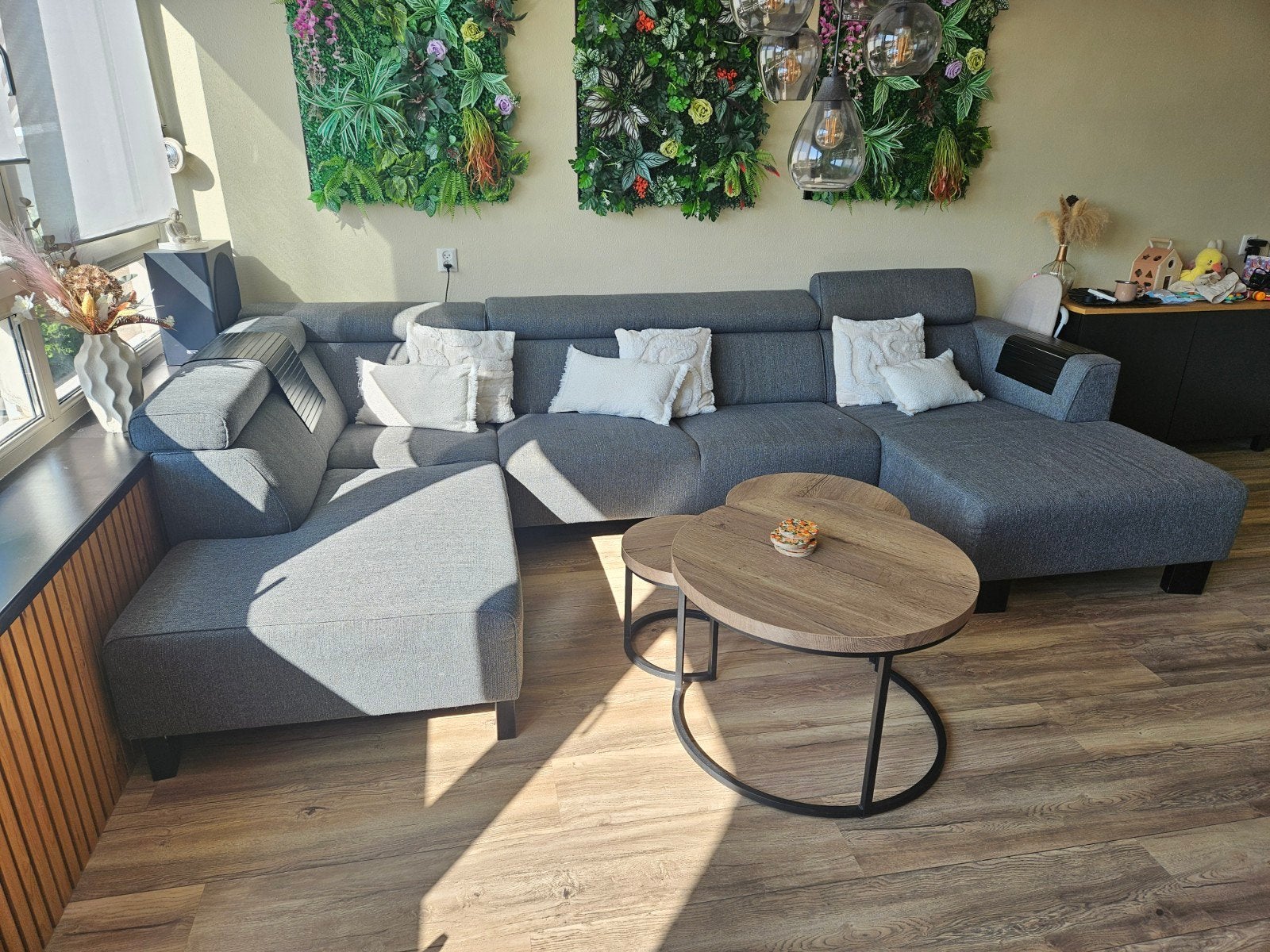 Grote grijze hoekbank met verstelbare hoofdsteunen, Ophalen, 250 tot 300 cm, Gebruikt, 100 tot 125 cm