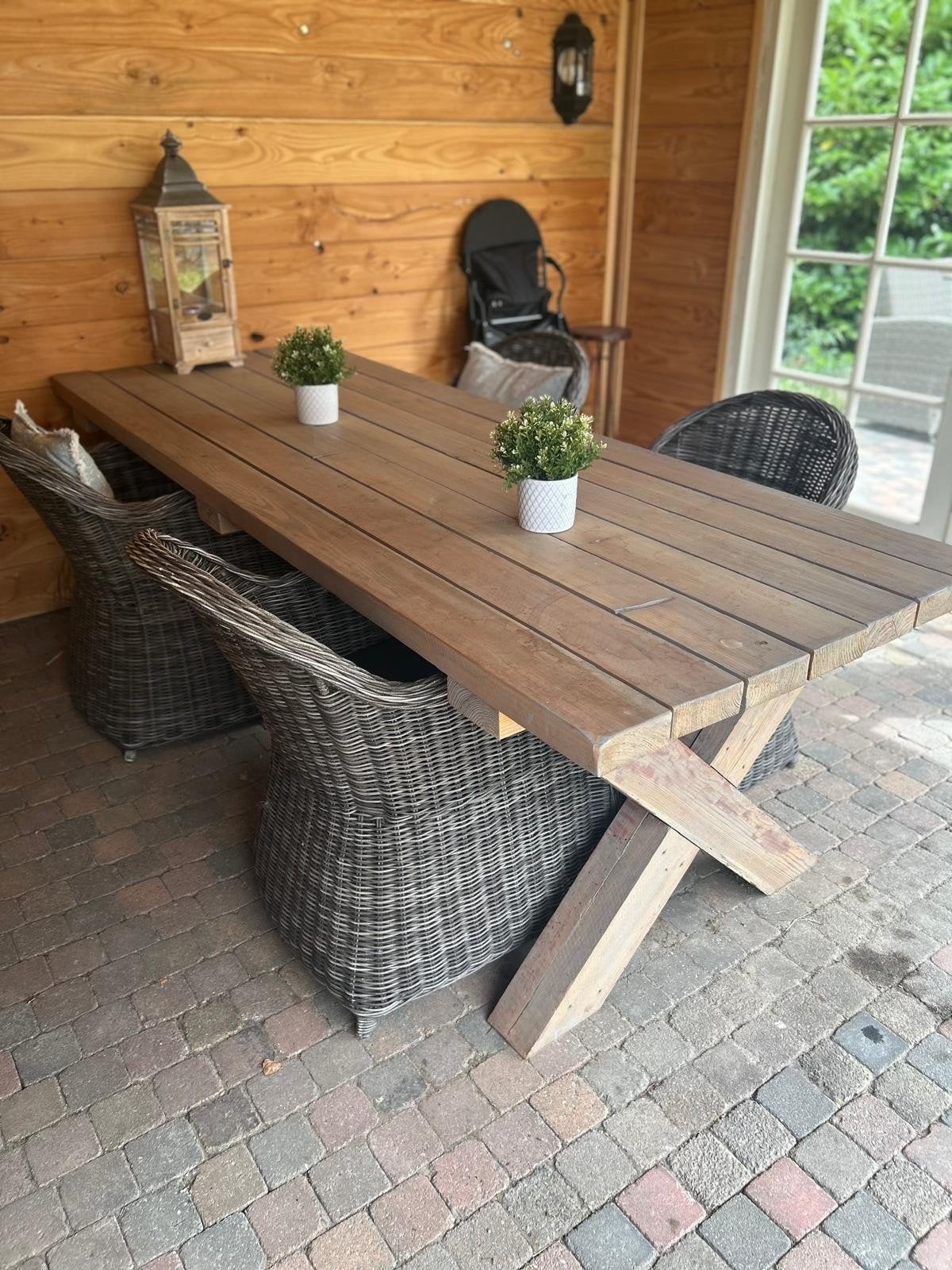 Robuuste douglas tuintafel met stoelen, Ophalen, Zo goed als nieuw, Rechthoekig, Hout
