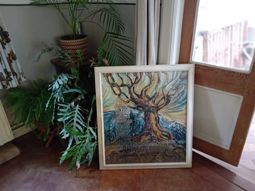Schilderij/ prent met boom met spirituele tekst, Antiek en Kunst, Ophalen, Abstract, Achter glas, Landschap