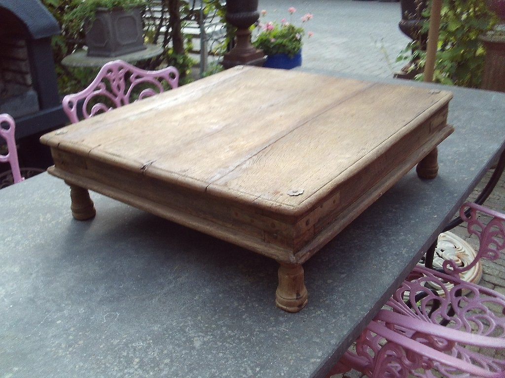 Oude houten bajot / decoratietafel, 59x17 cm, Ophalen, Gebruikt, Bruin, Vintage