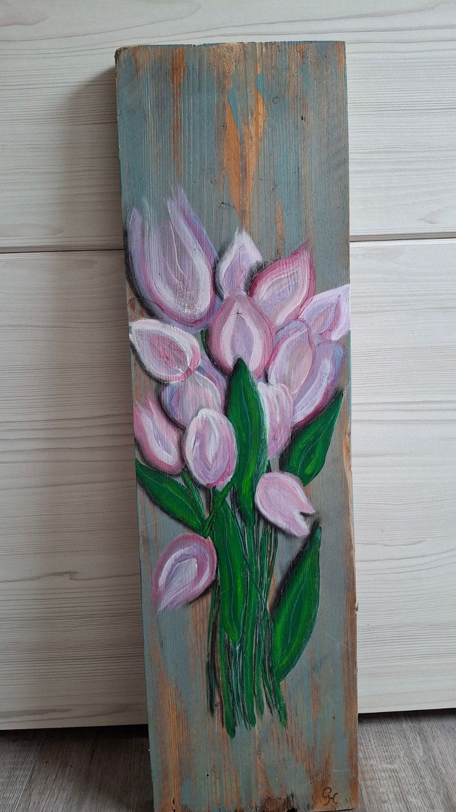 Handgeschilderde tulpen op hout, Ophalen