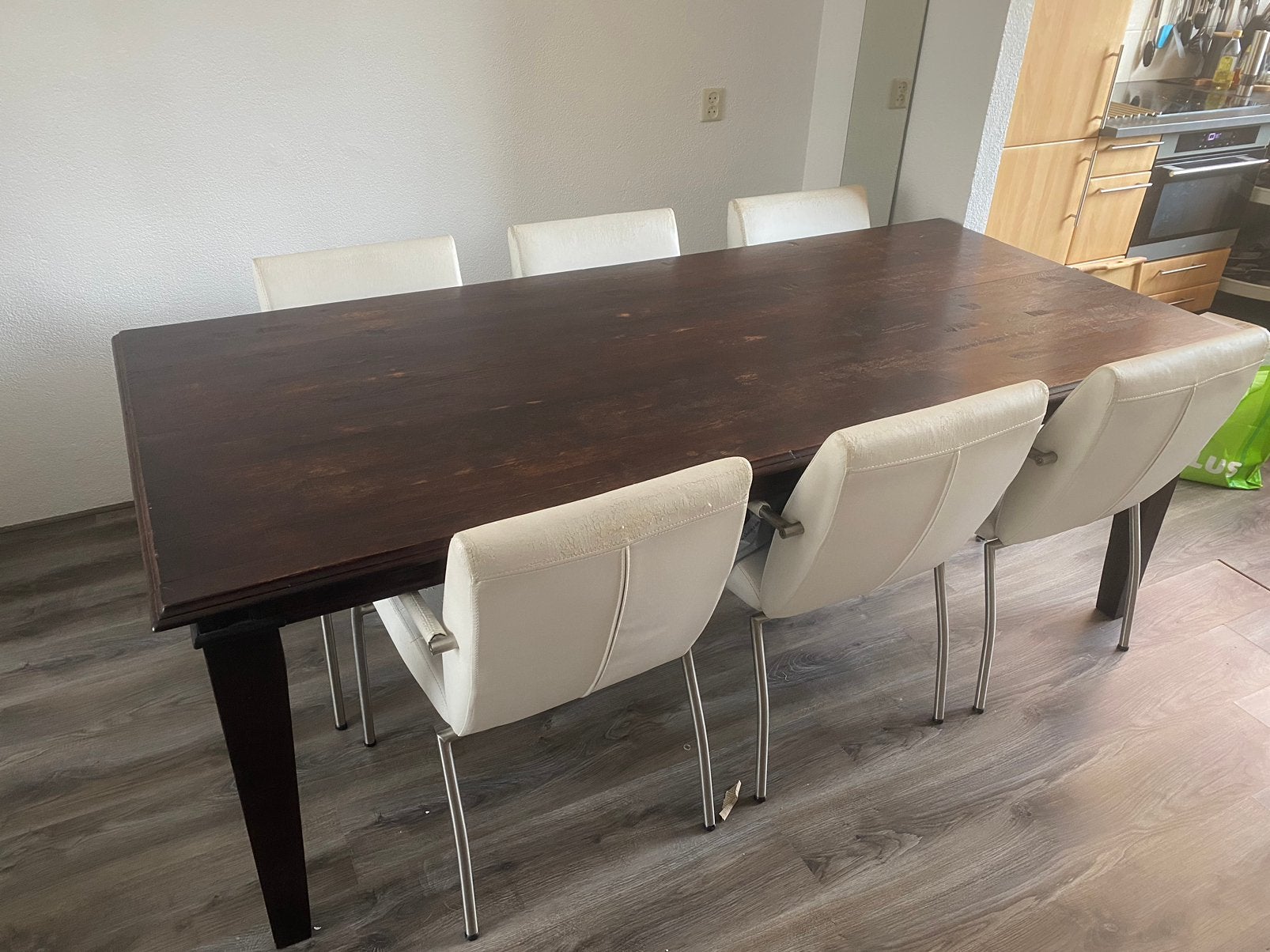 Houten eettafel donkerbruin, Ophalen, Gebruikt, 100 tot 150 cm, 200 cm of meer