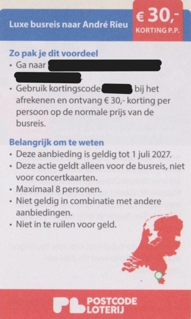Luxe busreis naar André Rieu. €30,- korting pp. Postcode bon, Drie personen of meer, Bus, Metro of Tram, Nederland, Kortingskaartje