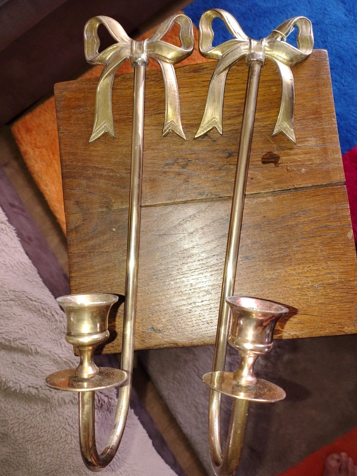 Set van 2 Vintage Messing Wandkandelaars met Strik (35 cm), Antiek en Kunst, Ophalen of Verzenden, Koper of Brons