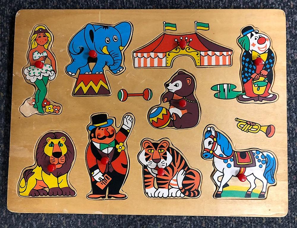 Knop puzzel Circus - knopjes hout - dieren clown circustent, 2 tot 4 jaar, Gebruikt, Ophalen of Verzenden, Van hout