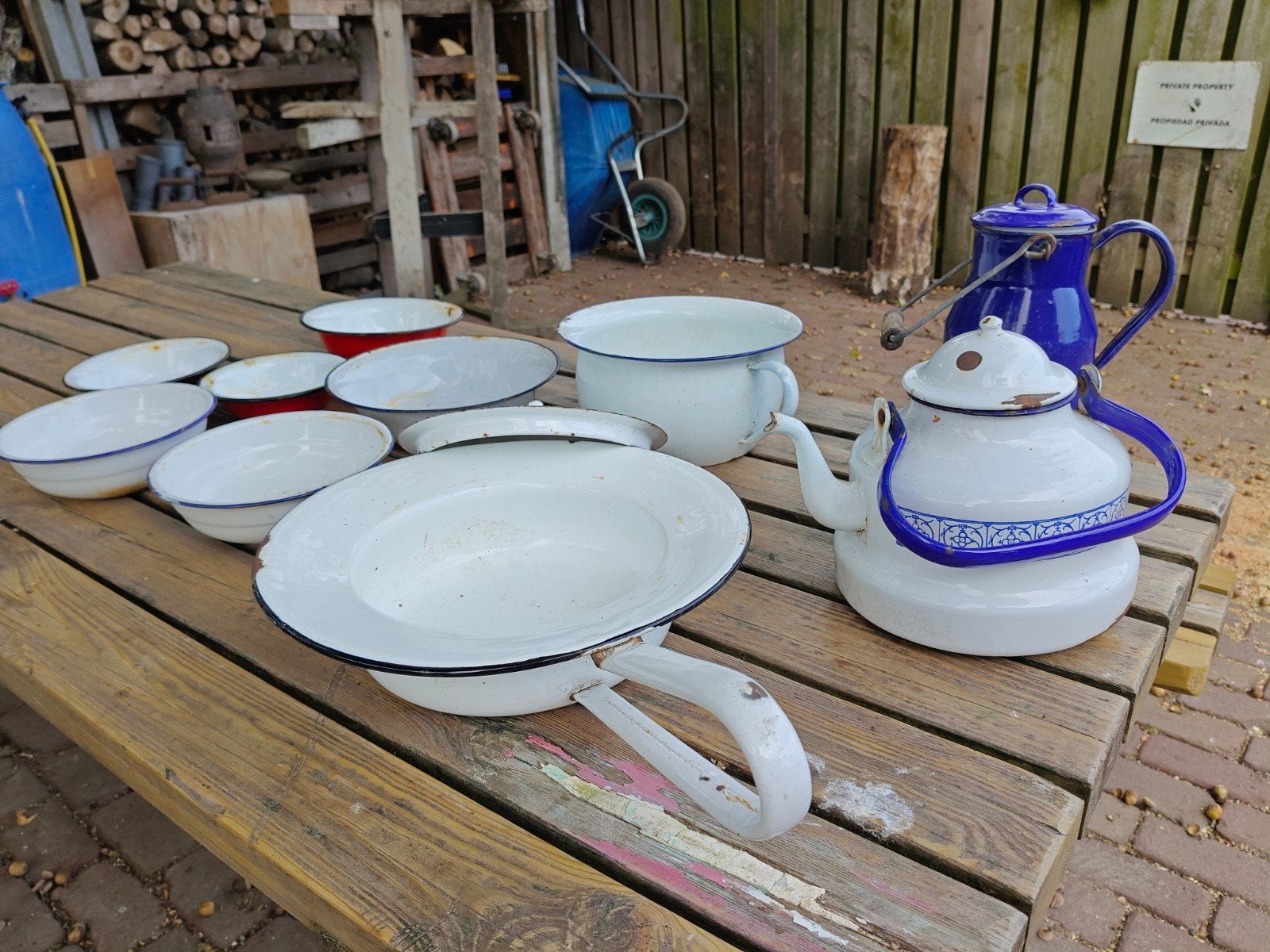 Vintage !! Set emaille Schalen, Fluitketel etc, Ophalen