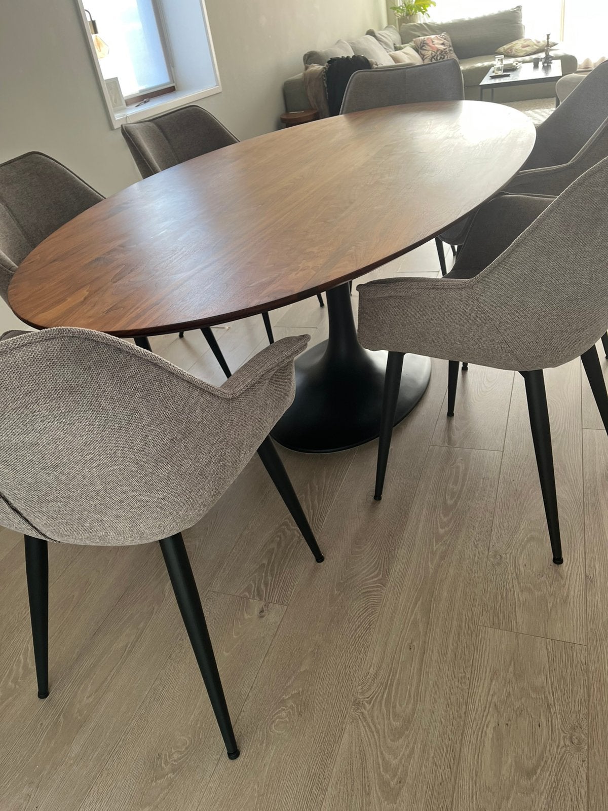 Design Ovale eettafel 220x120 notenhout, Ophalen, 100 tot 150 cm, 200 cm of meer, Zo goed als nieuw