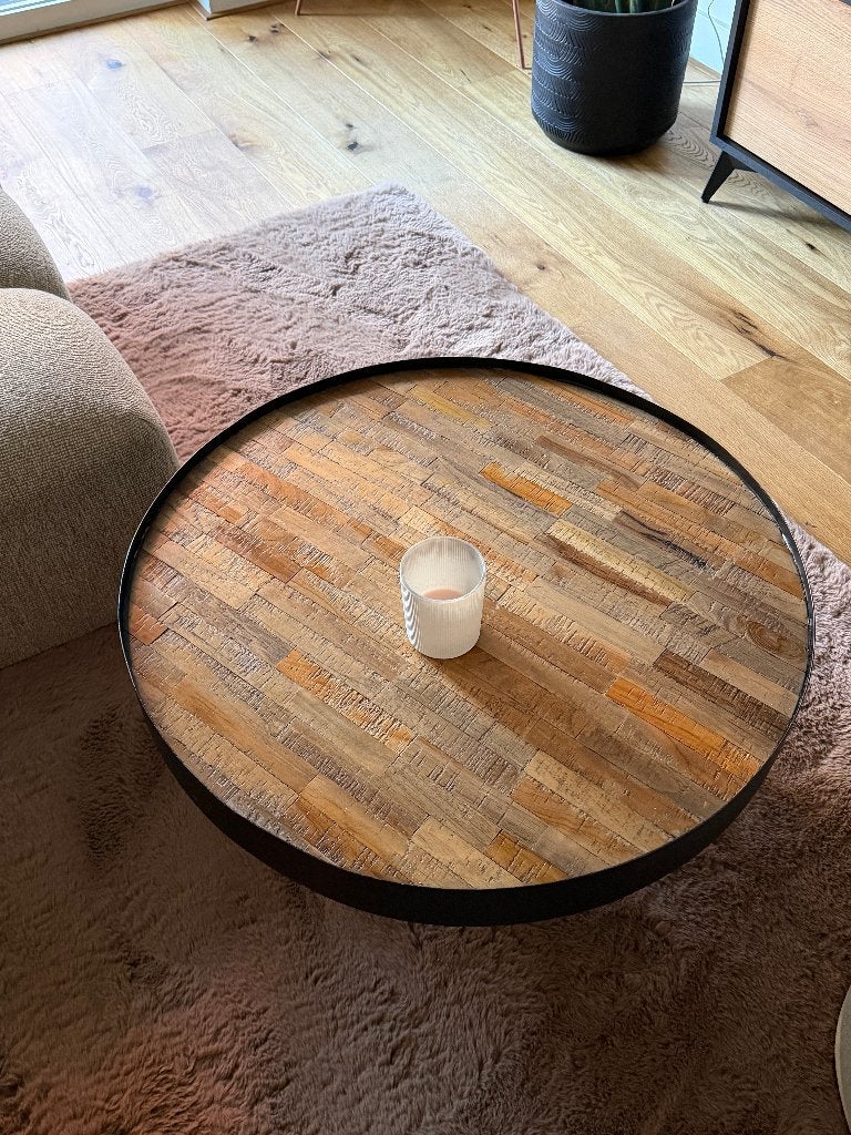 Ronde industriële salontafel – hout/zwart, Ophalen, 50 tot 100 cm, Rond, 50 tot 100 cm