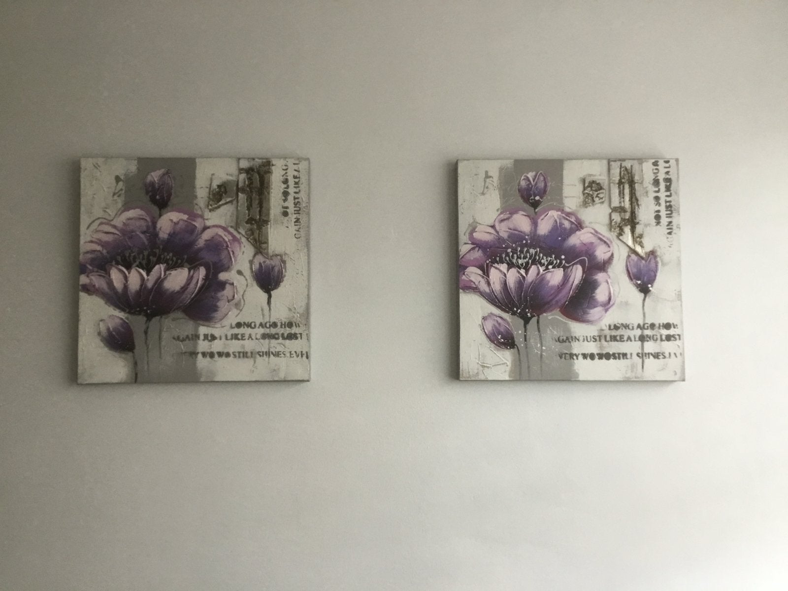Set van 2 schilderijen met paarse bloemen 60x60 cm, 50 – 75, Ophalen of Verzenden, Zo goed als nieuw, Schilderij