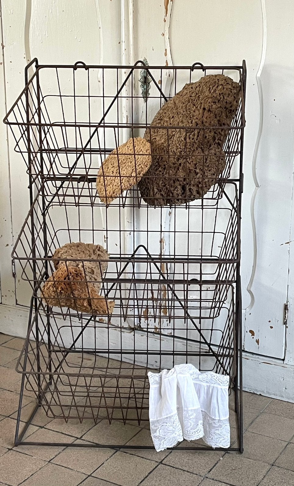 Brocante oud draad rek met 3 manden, Ophalen of Verzenden