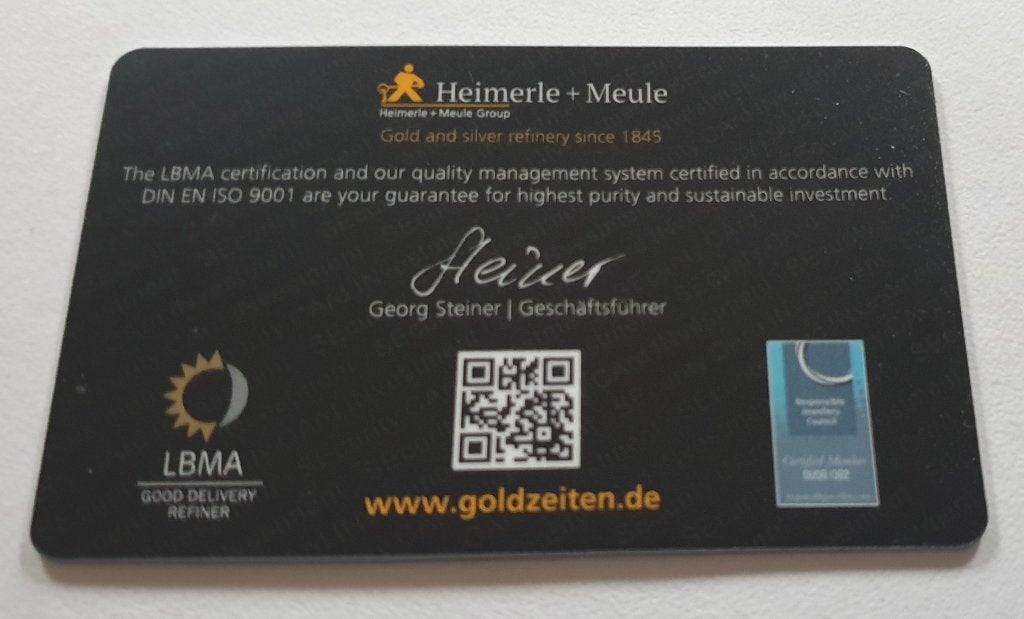 Heimerle en Meule 1 gram .999 goud in certi-card, Ophalen of Verzenden, Goud