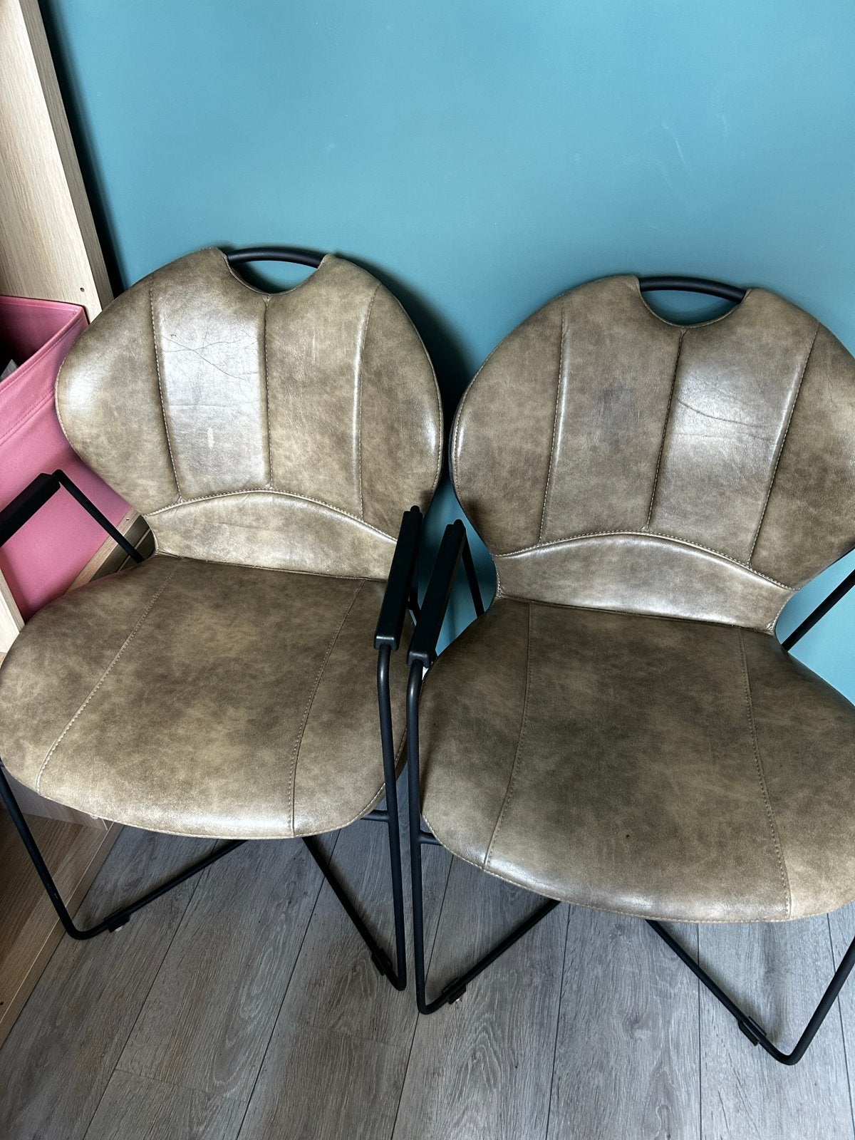 Set van 4 vintage-look stoelen met metalen onderstel, Ophalen, Gebruikt, Bruin, Leer