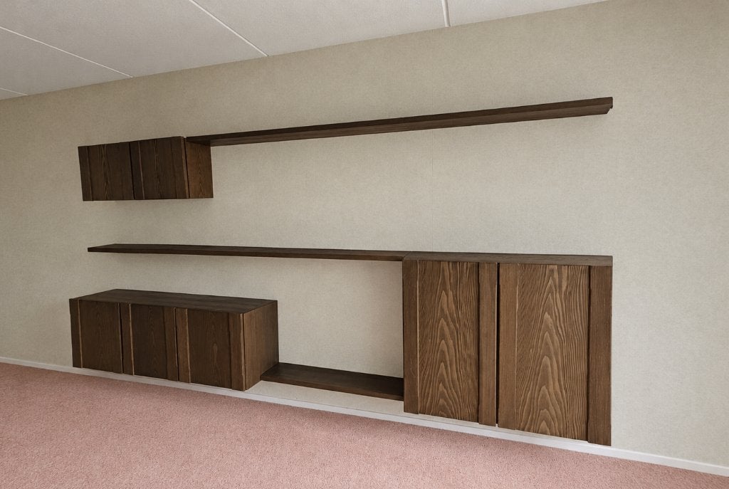 Zwevend wandmeubel, bruin, Ophalen, Eikenhout, 300 cm of meer, 150 tot 200 cm
