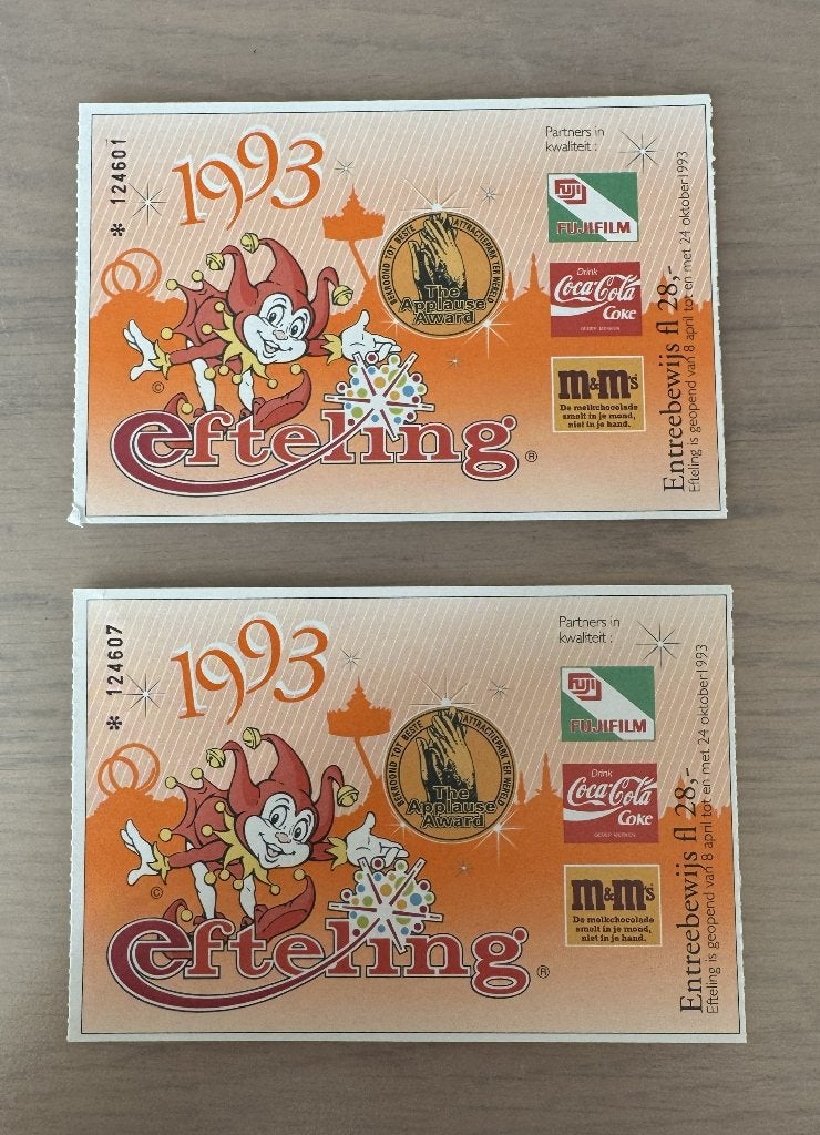 2 Efteling entreebewijzen 1993, Ophalen of Verzenden, Zo goed als nieuw, Overige typen