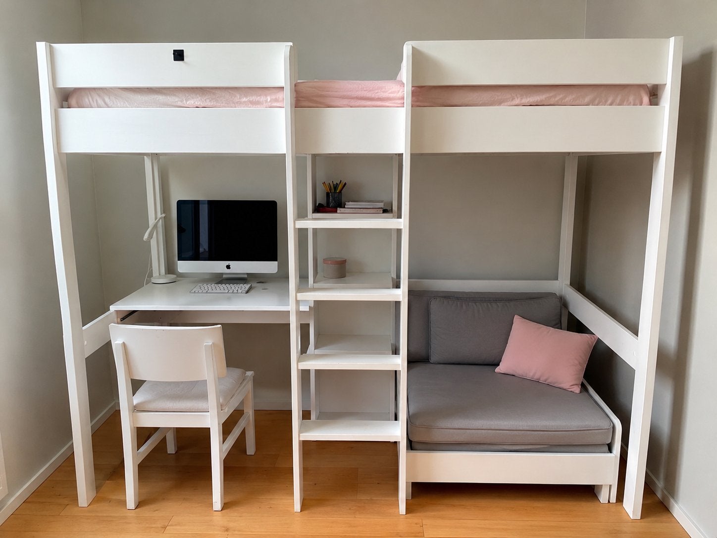 Hoogslaper met bureau en extra bed/bank - Wit, Ophalen, Gebruikt, Eenpersoons, 200 cm