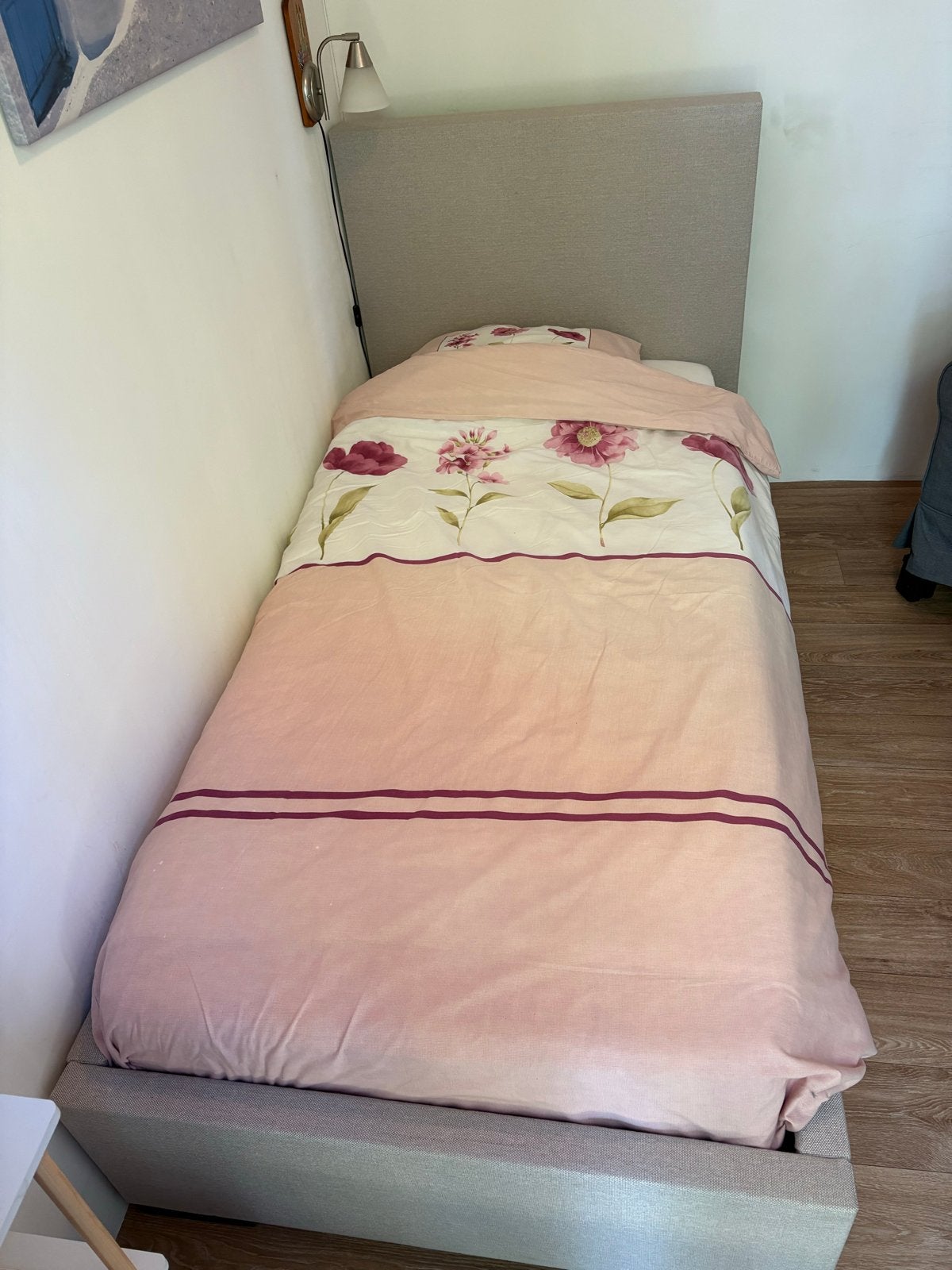 Mooie 1-persoons boxspring van Swiss Sense, Ophalen, 90 cm, Eenpersoons, Beige