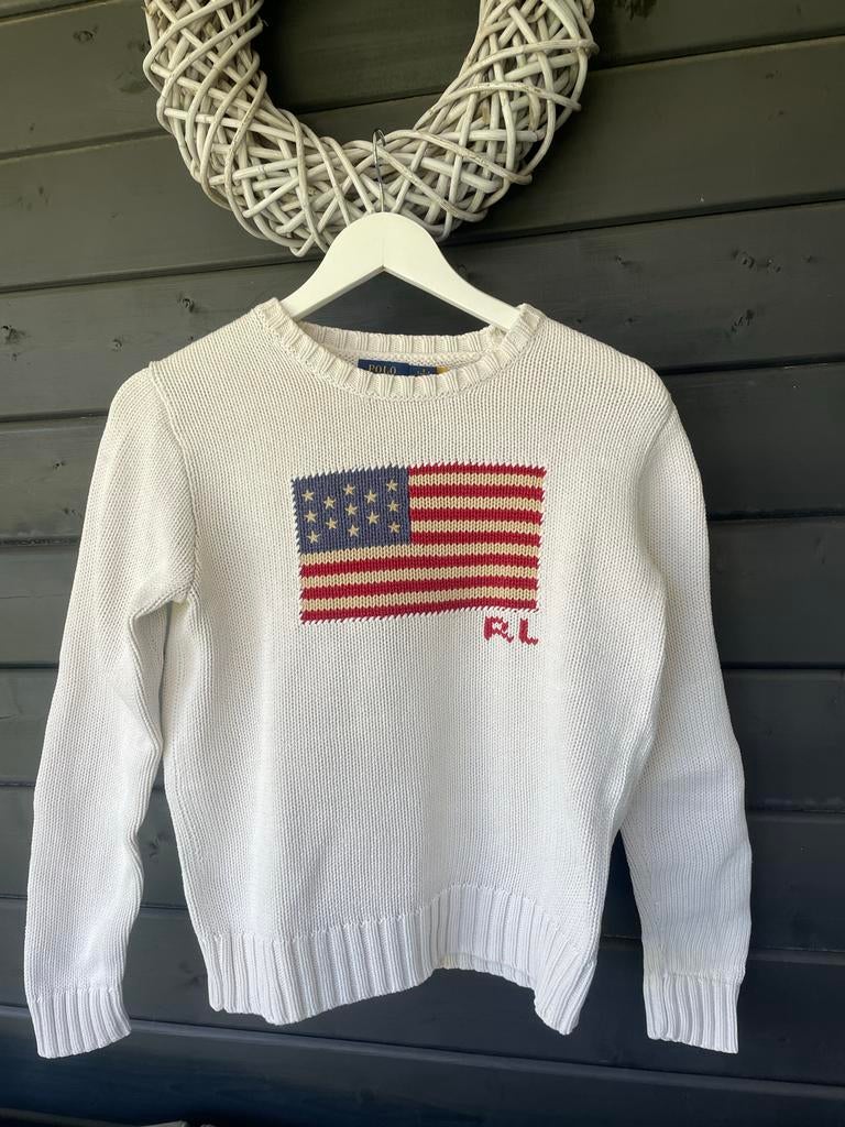 Polo Ralph Lauren Gebreide Trui met Amerikaanse Vlag, Verzenden, Zo goed als nieuw, Maat 38/40 (M), Wit