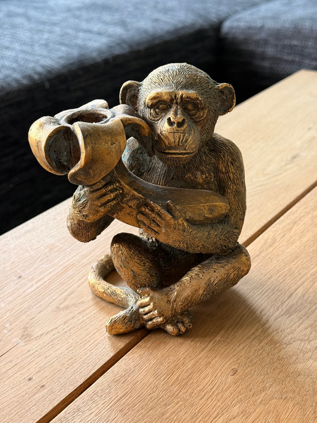 Gouden Aap Kandelaar - Uniek Decoratiestuk, Overige materialen, Gebruikt, Overige kleuren, Ophalen of Verzenden