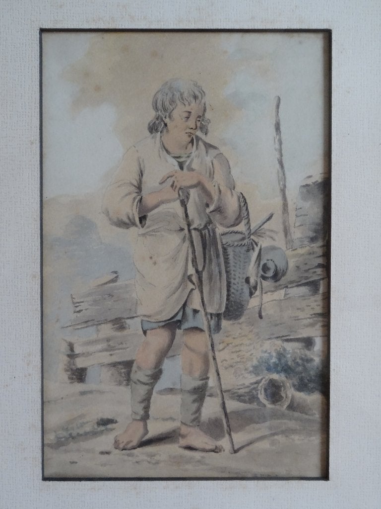 aquarel van een marskramer met wandelstok, ongesign 1825, Antiek en Kunst, Kunst | Schilderijen | Klassiek, Portret of Personen
