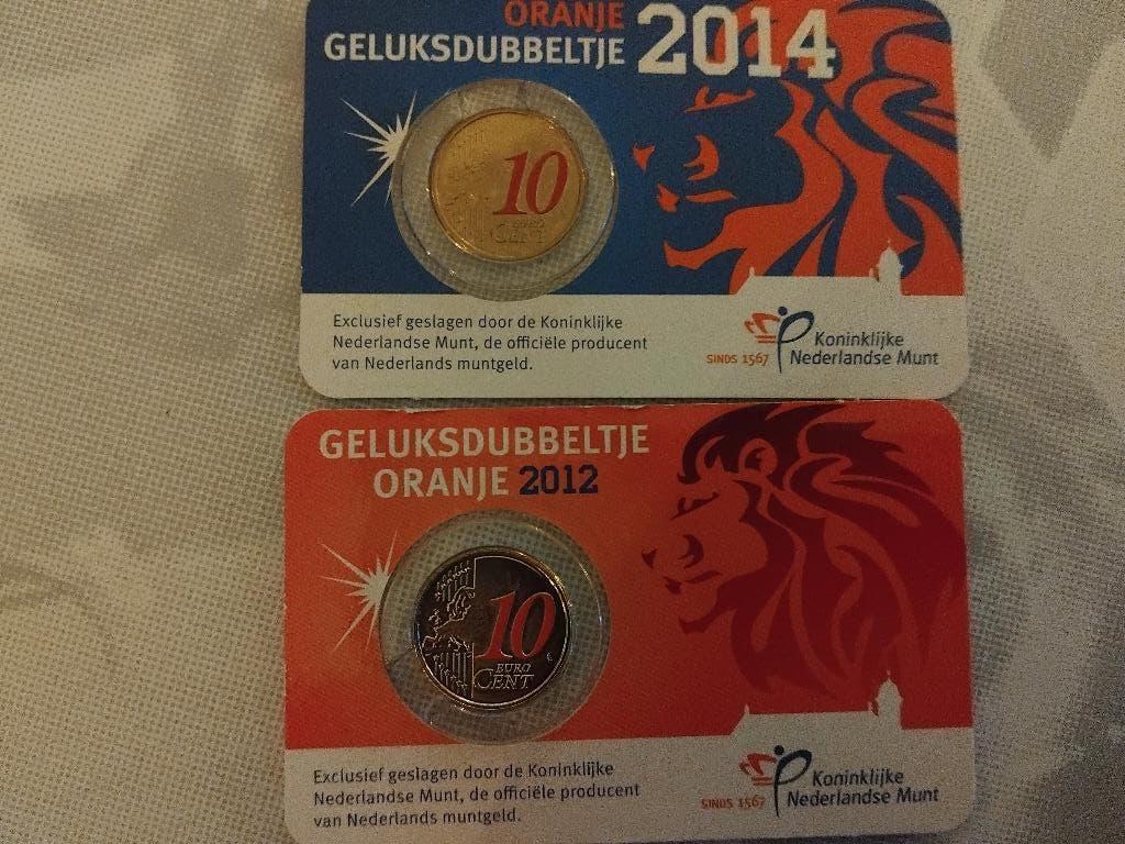 Muntstuk geluksdubbeltje 2012 en 2014, Postzegels en Munten, Munten | Nederland, Verzenden, Koningin Beatrix, 10 cent, Setje