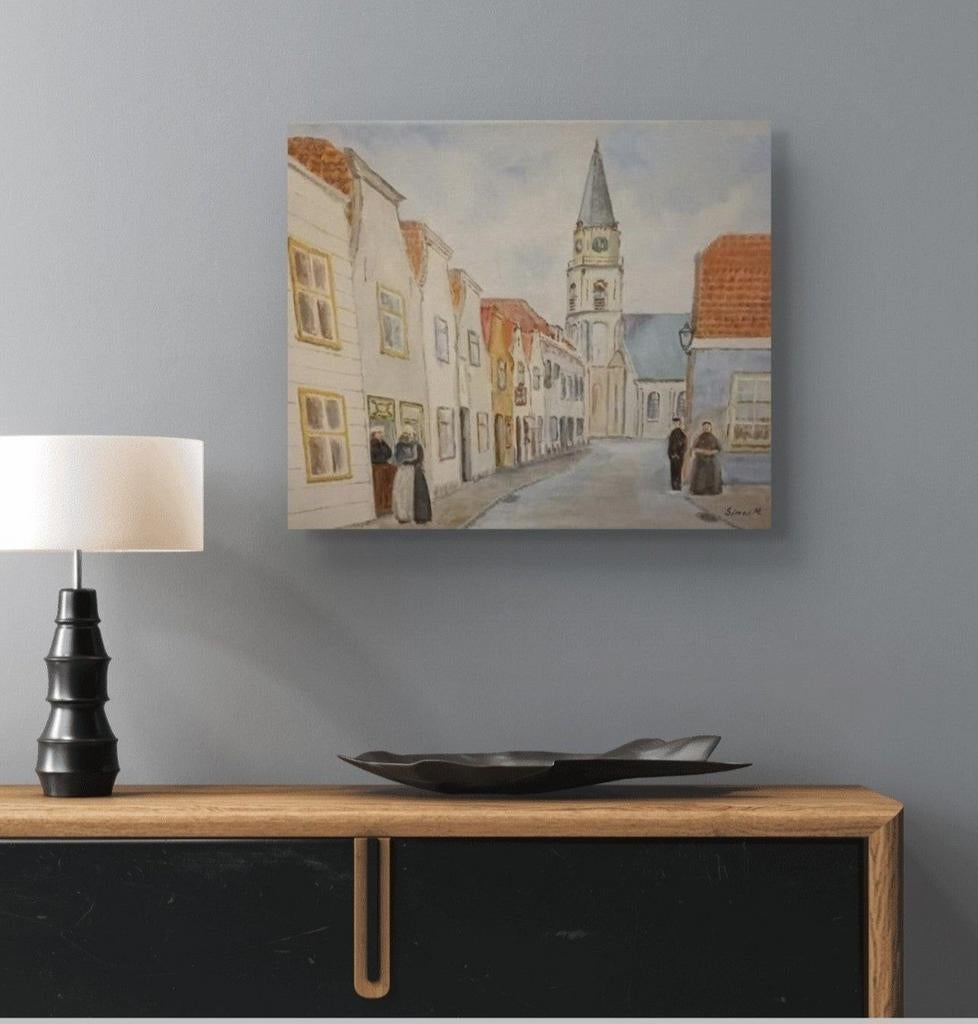 Schilderij Jacob Pronkstraat en Oude Kerk op Scheveningen, Ophalen of Verzenden