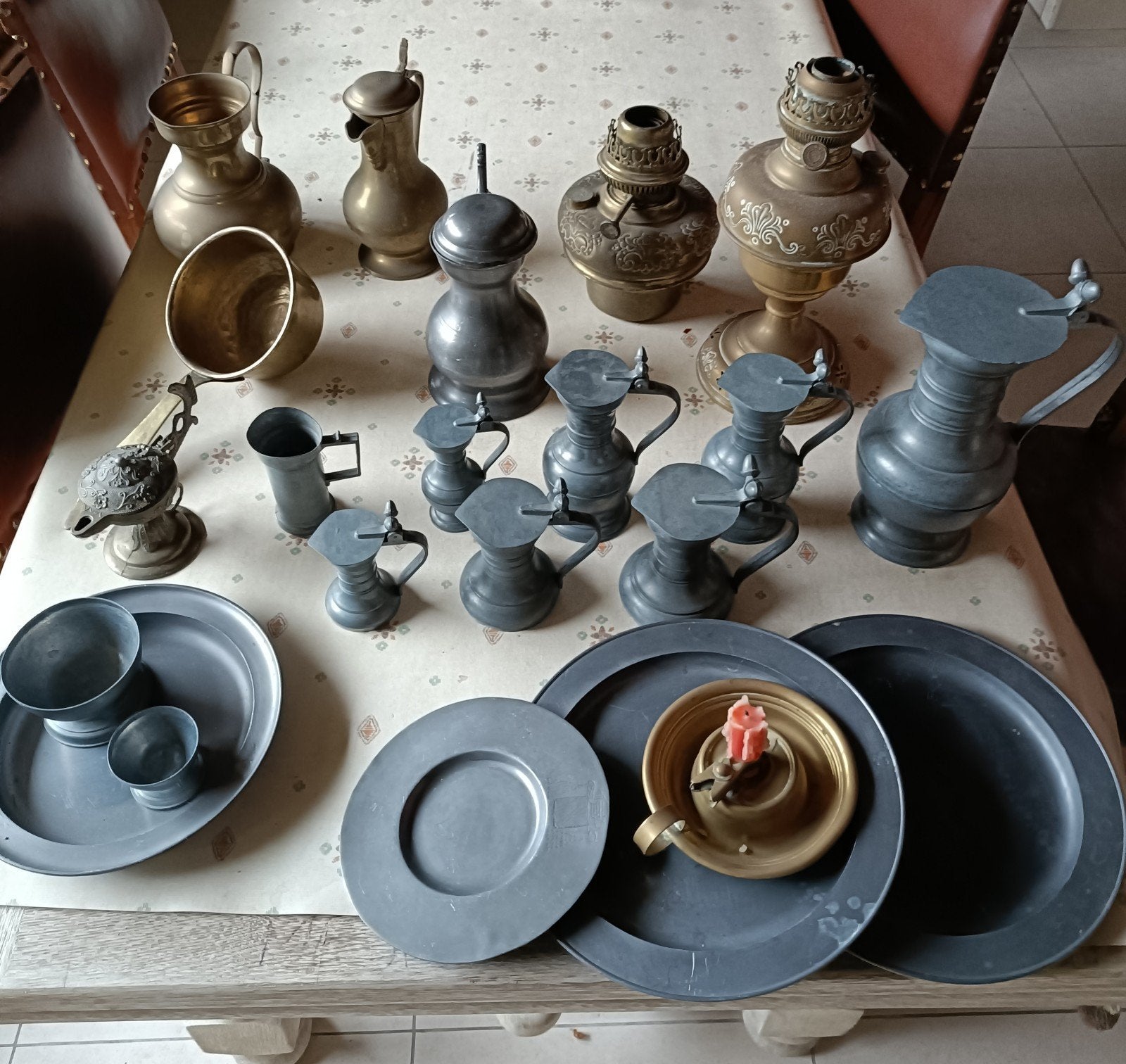 Grote collectie antiek tin en messing, van grootmoeder, Ophalen of Verzenden