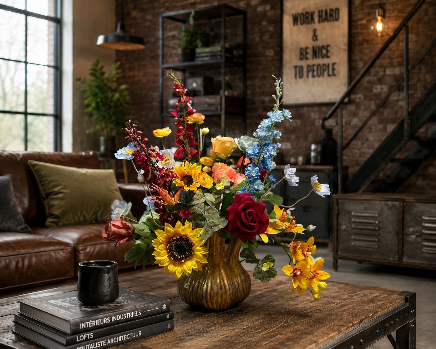 Zijden bloemen opgemaakt in goudkleurige tulpenvaas, Huis en Inrichting, Woonaccessoires | Kunstplanten en Kunstbloemen, Binnen
