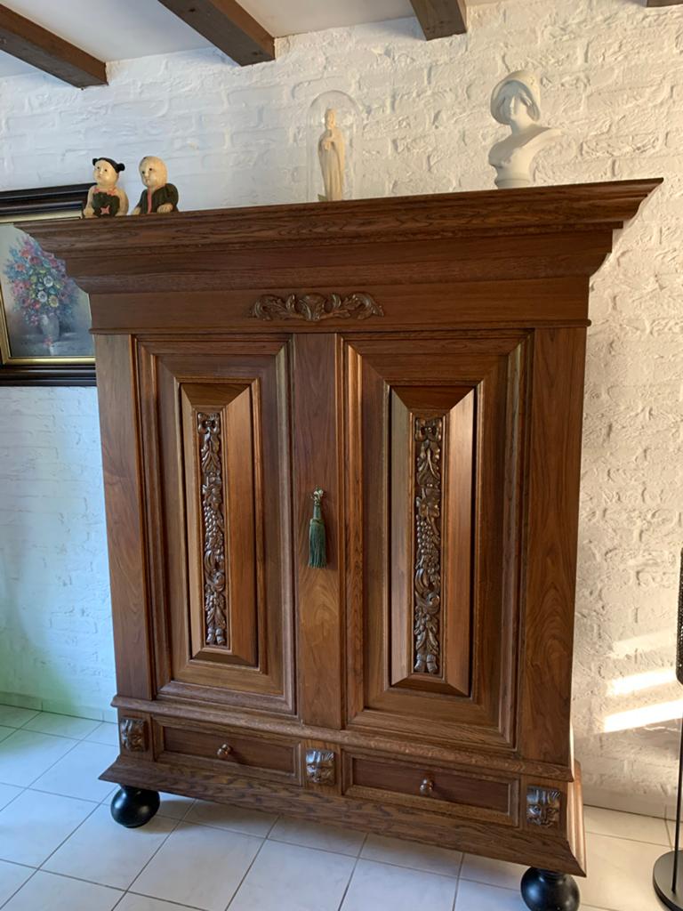 Massief Eiken Kast met Snijwerk - 2 Laden, 2 Deuren, 2 Schap, Antiek en Kunst, Ophalen