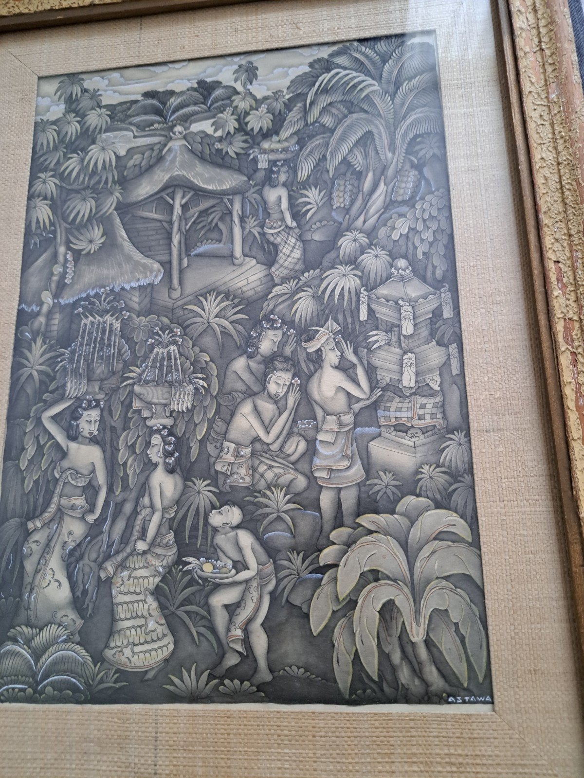 Ingelijst Balinees schilderij - Traditionele scène, Grijs, Ophalen of Verzenden, Indonesië, Gesigneerd