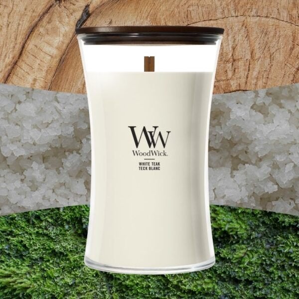 WoodWick White Teak Geurkaars - Medium 60 branduren, Woodwick, Wit, Ophalen of Verzenden, 15 cm