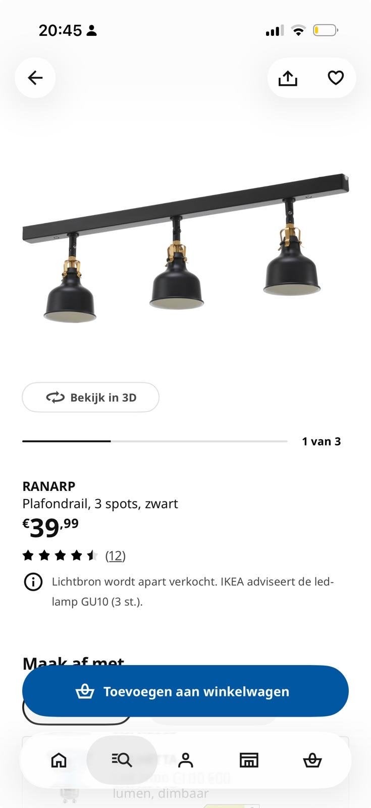 IKEA RANARP Plafondrail met 3 spots, zwart (3 stuks), Ophalen, Gebruikt, GU10, LED