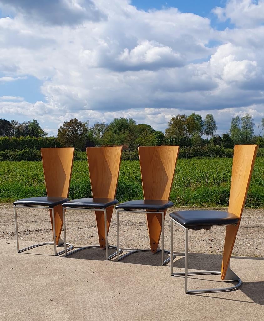 Set 4 vintage Harvink zino eetkamerstoelen memphis milano, Ophalen, Zwart, Postmodern post modern, Zo goed als nieuw