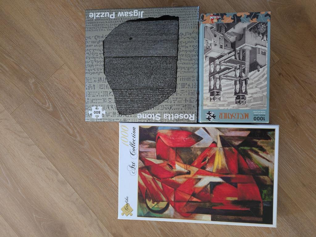 3 lastige legpuzzels: Rosetta Stone, Escher, Fox art, Ophalen, 500 t/m 1500 stukjes, Gebruikt, Legpuzzel