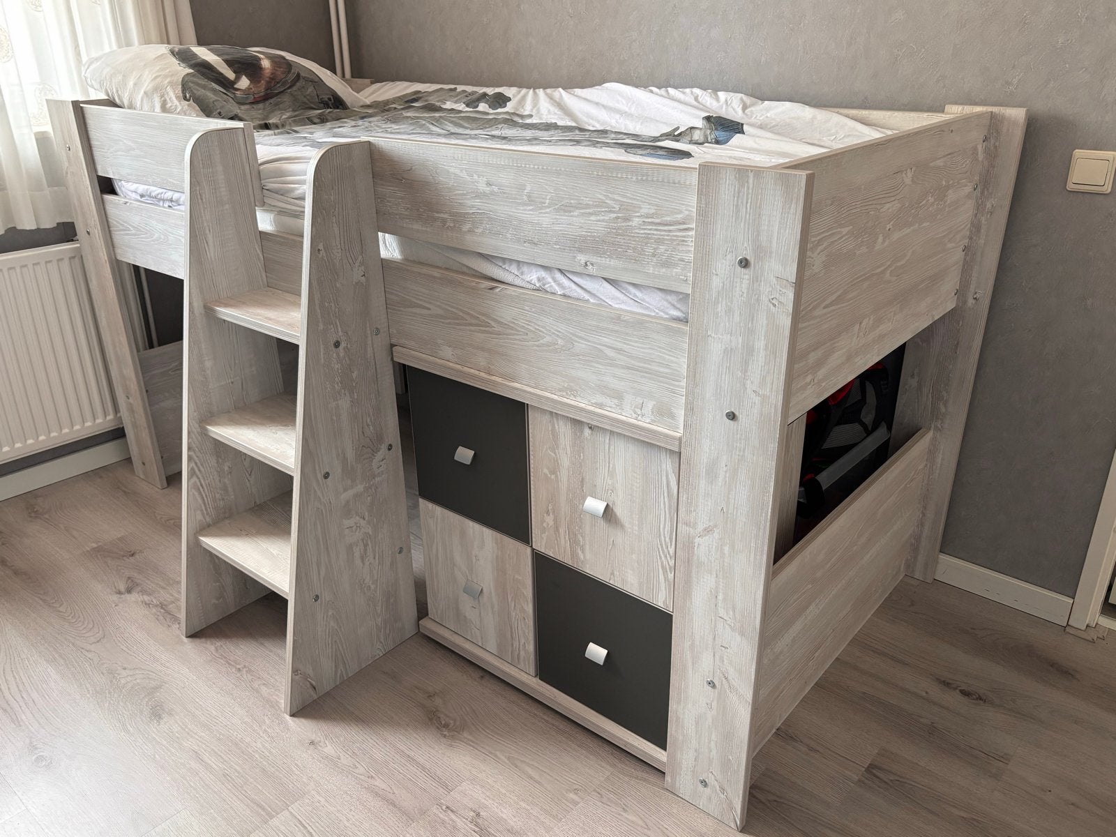 Halfhoogslaper met bureau en opbergruimte, Ophalen, Gebruikt, 90 cm, Eenpersoons