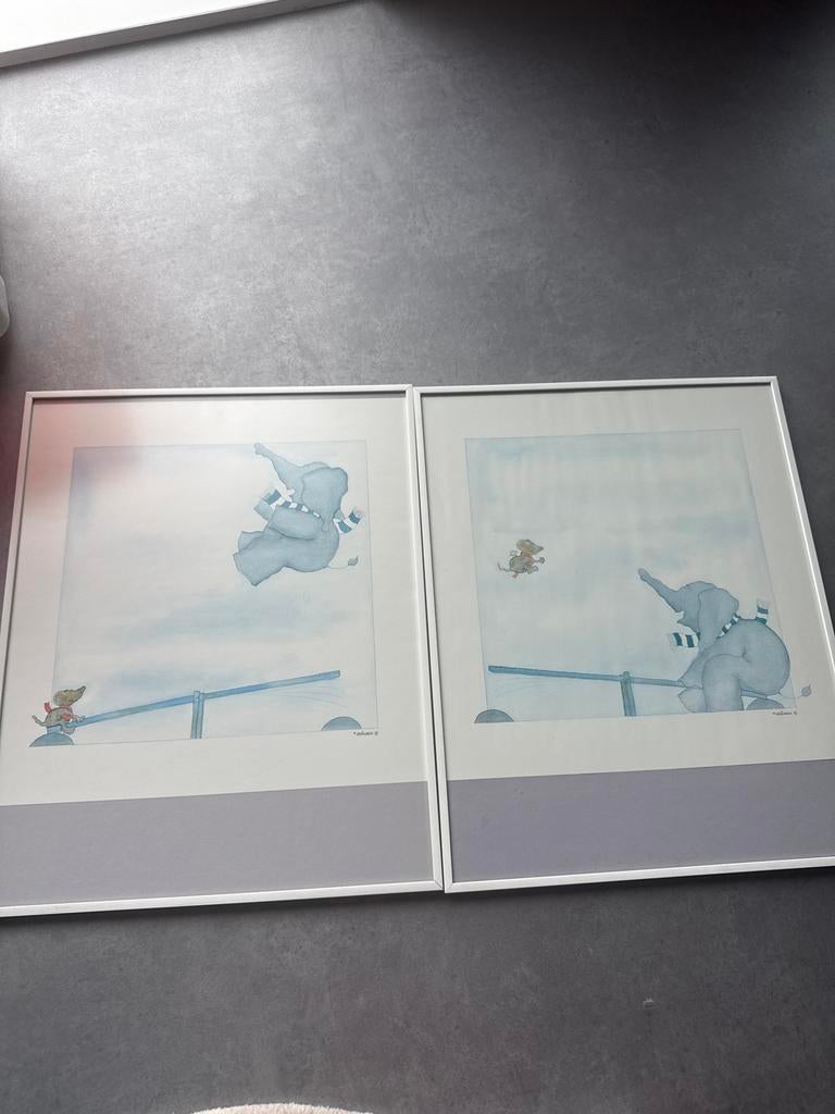 Set van 2 ingelijste kinderprenten: Olifant en Muis, Ophalen, Gebruikt, Print