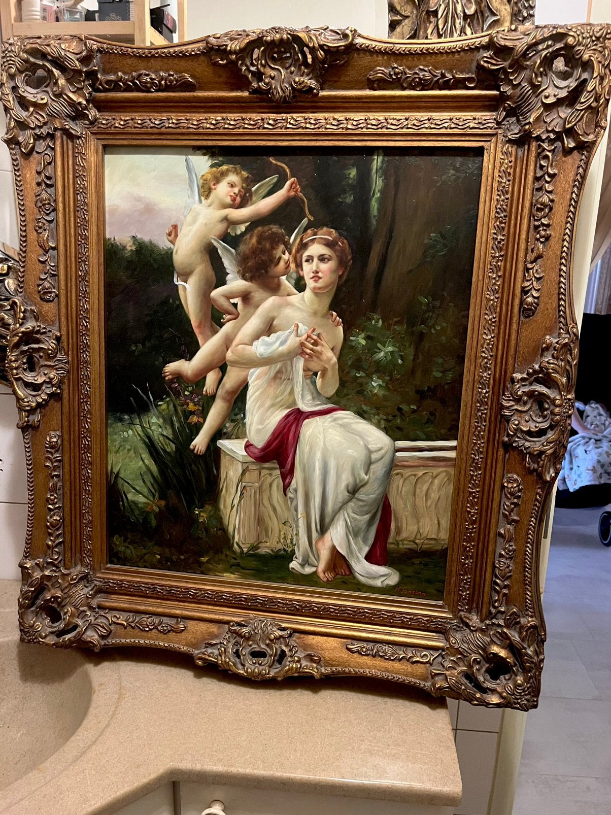 Prachtig olieverf romantisch schilderij met engelen, Antiek en Kunst, Kunst | Schilderijen | Klassiek, Ophalen