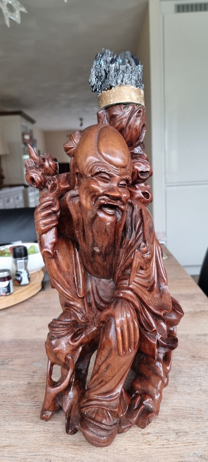 beeld van Chinese God Shou Xing, Ophalen, Gebruikt, Hout, Bruin