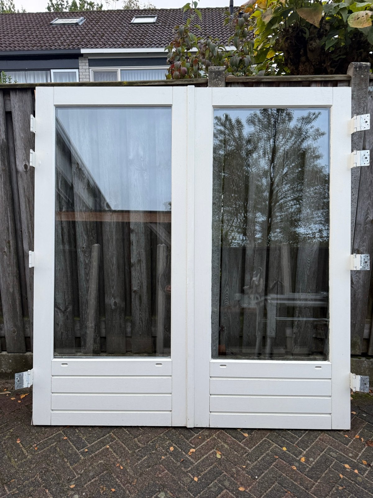 Dubbele hardhouten tuindeuren met dubbelglas, Ophalen, Gebruikt, 120 cm of meer, Buitendeur