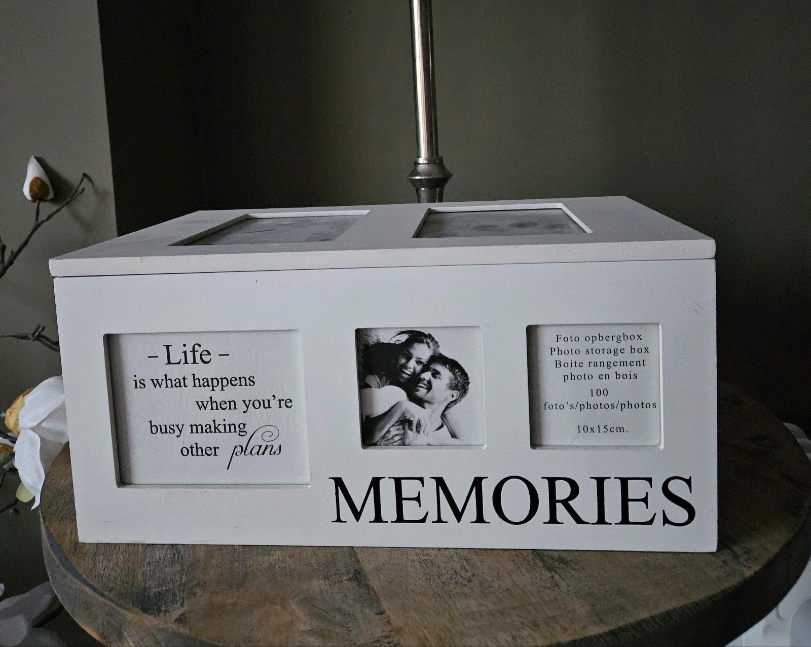 Witte fotobox met fotolijstjes, 5 fotoalbums en opbergvakken, Ophalen of Verzenden, Bewaarbox