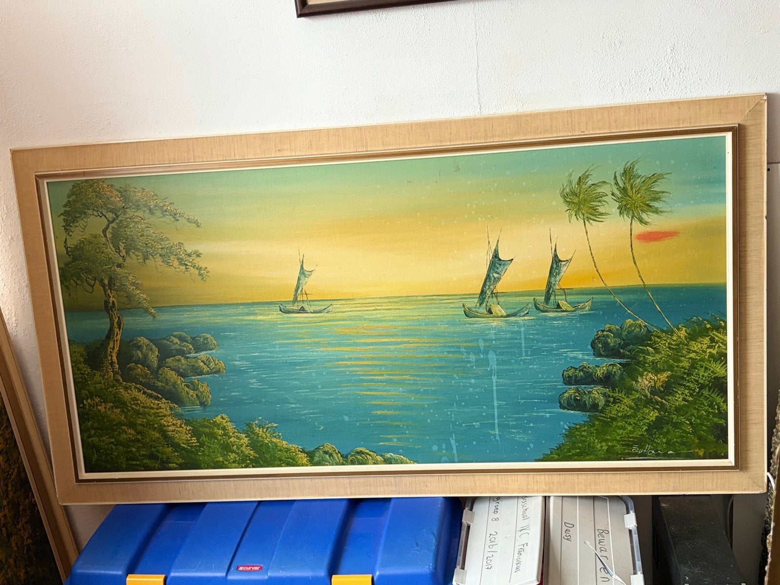 Schilderij: Tropisch Landschap met Zeilboten en Palmbomen, Ophalen, Maritiem / water, Doek, Realistisch