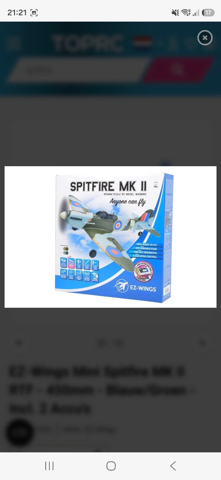 EZ-Wings Mini Spitfire MK II RTF - 450mm - Blauw/Groen pr, Ophalen of Verzenden