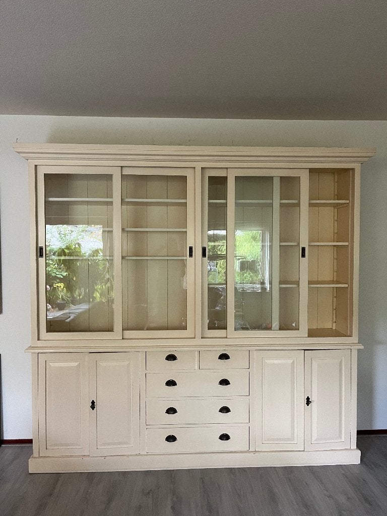 Crèmekleurige houten buffetkast met glas, Ophalen, Gebruikt, 200 cm of meer, Met lade(s)