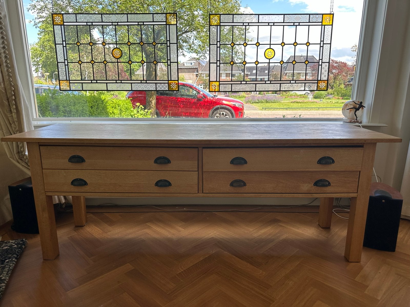 Massieve eiken sidetable met lades en evtl vakjes te maken, Huis en Inrichting, Tafels | Sidetables, Ophalen, Gebruikt, Eikenhout
