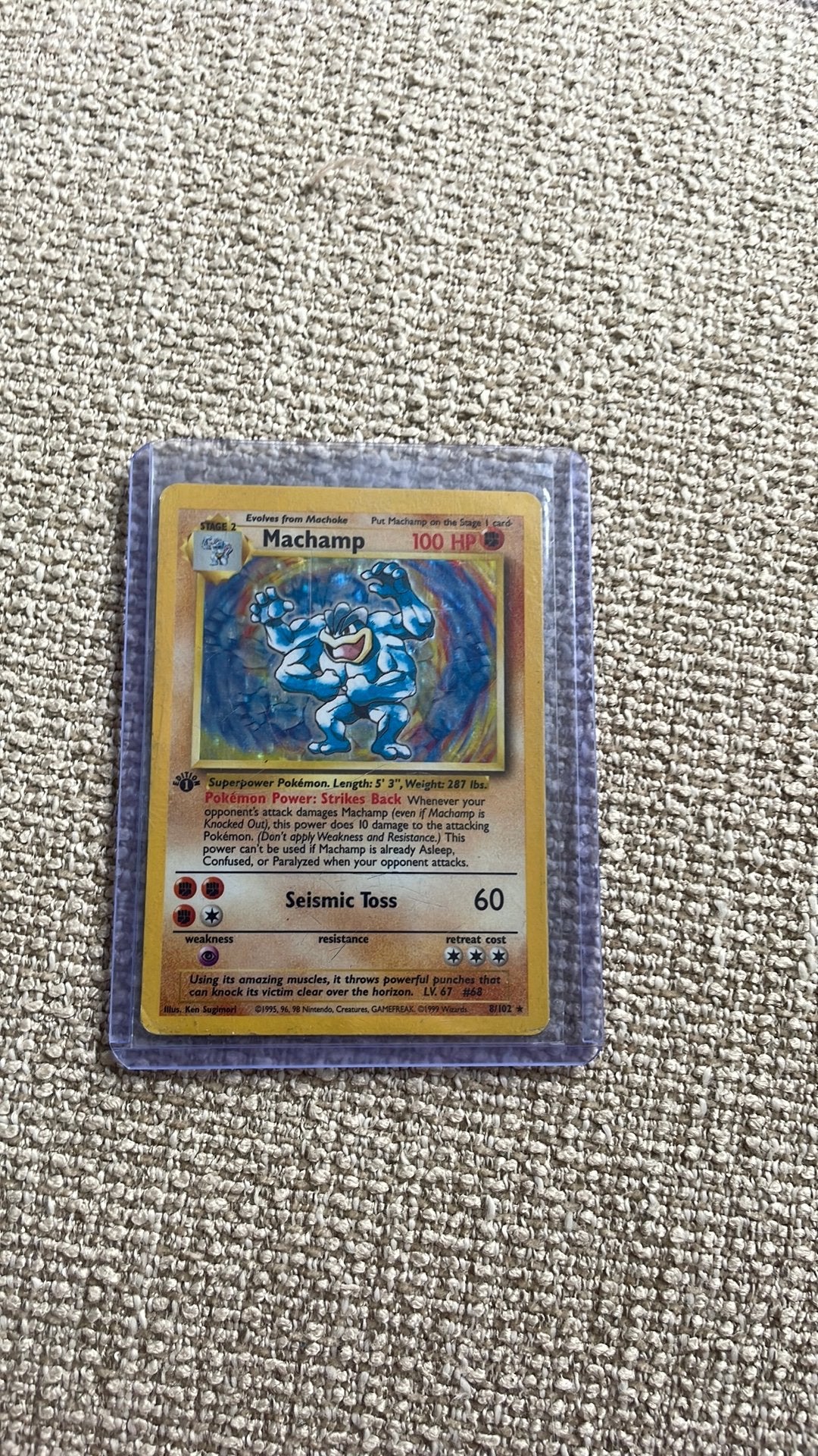Machamp Pokémon kaart - Eerste editie Holo, Hobby en Vrije tijd, Verzenden, Zo goed als nieuw, Losse kaart, Foil