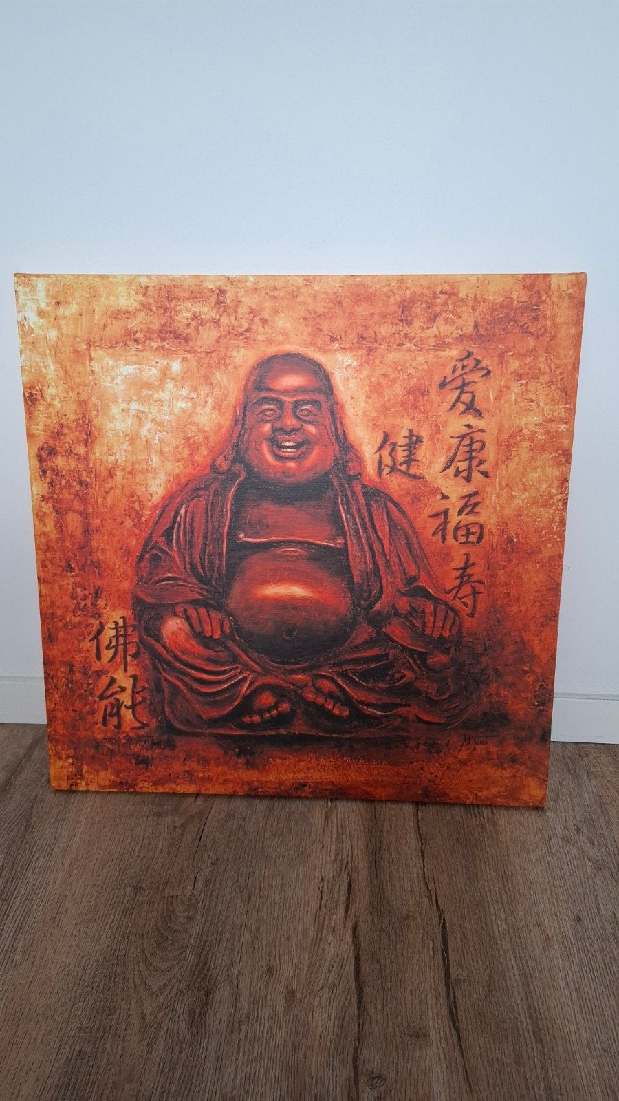 Schilderij Lachende Boeddha met Chinese Karakters, Ophalen