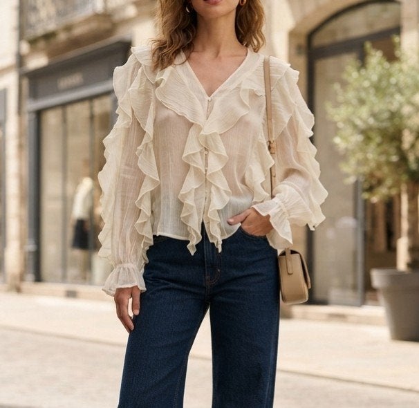 Romantische Carin Wester boho blouse met ruffles Maat 38 40, Maat 38/40 (M), Wit, Ophalen of Verzenden, Zo goed als nieuw