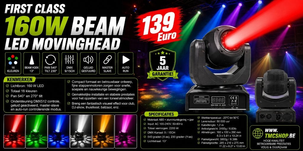 Nieuwe First Class 160W BEAM LED MOVINGHEAD, Ophalen of Verzenden, Nieuw, Licht, Geluidgestuurd
