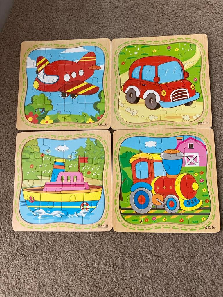 4 houten puzzels 16 stukjes - Voertuigen thema, 2 tot 4 jaar, Gebruikt, 10 tot 50 stukjes, Ophalen of Verzenden