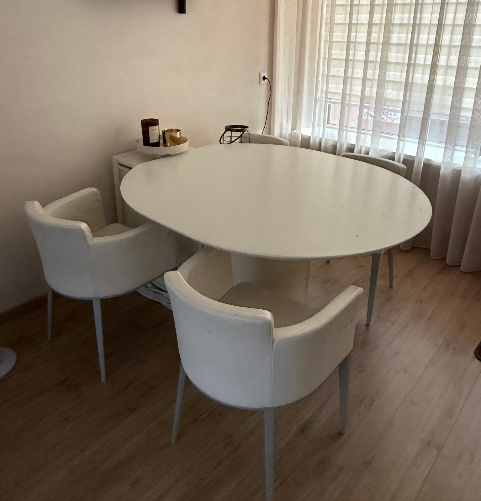 Ronde uitschuifbare tafel incl. Leren stoelen, Huis en Inrichting, Tafels | Eettafels, Ophalen, Gebruikt, Rond, Vier personen